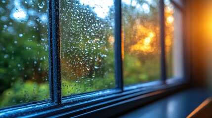 Fototapeta premium Beautiful Close-Up of Rain Droplets on Windowpane with Warm Sunset Light and Green Nature Background, Evoking Peaceful and Cozy Atmosphere of Rainy Day