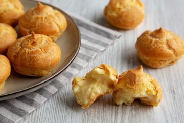 Homemade French Mini Cream Puffs on a Plate, low angle view. Close-up.