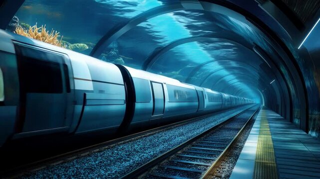 Futuristic underwater train tunnel with modern high-speed train and vibrant sea life. Concept of future, ocean, railway. 