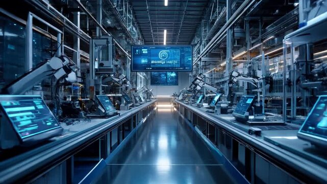Advanced robotics and ai dashbords in modern assembly line of automated factory, concept of digital technology, future, industry, manufacturing. 