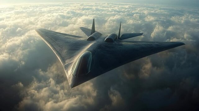 Futuristic stealth bomber flying above clouds, modern secret military plane soaring through sky, concept of aircraft, war, future, technology. 