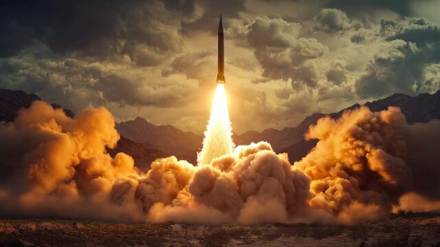Powerful missile launch with fiery explosion, military ballistic rocket in dramatic mountainous desert landscape. Concept of war, warfare. 