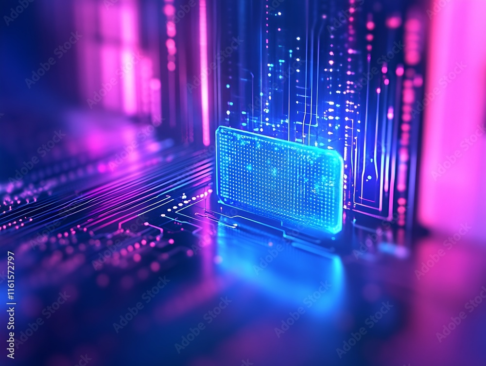 Aufkleber Futuristic neon digital interface on computer motherboard with glowing chip : Generative AI