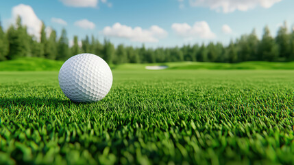 Obraz premium close up of golf ball resting on lush green grass, surrounded by trees and clear sky, evokes sense of tranquility and focus