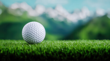 Fototapeta premium close up of golf ball resting on lush green grass with mountains in background, evoking sense of tranquility and focus