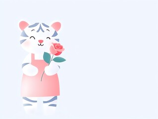 an adorable tiger cub holding a pink rose, symbolizing family love and romantic affection, conveying sentiments of love, innocence, and celebration