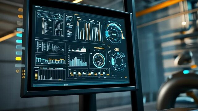 A closeup of a digital dashboard displaying realtime energy usage metrics illustrating efforts to optimize energy efficiency in a smart building environment surrounded by modern machinery.