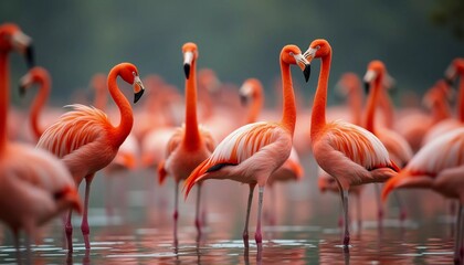 Obraz premium Flamingos gather in a tranquil pond, their orange feathers reflecting in water. They interact playfully, creating a stunning display of nature. Flamingo Phoenicopterus is genus of birds. Generative AI