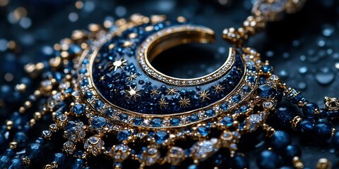 Decorative blue and gold jewelry with intricate design featuring stars and moons, sparkling under droplets of water