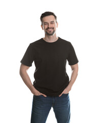 Fototapeta premium Man in blank black t-shirt on white background. Mockup for design