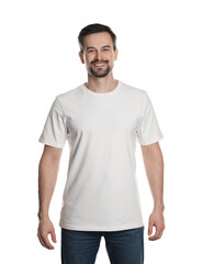 Man in blank t-shirt on white background. Mockup for design