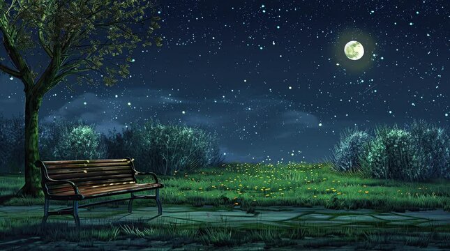 Wide grassland under a starry night sky with a peaceful and serene landscape  
Seamless looping 4k time-lapse virtual video animation Generated AI
