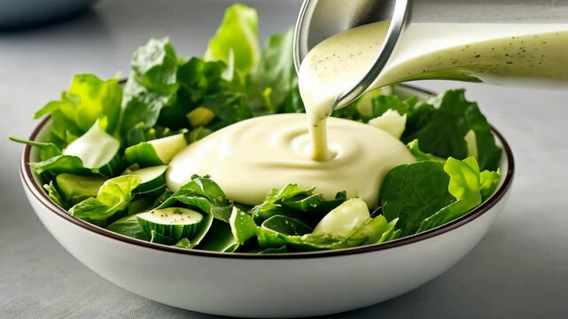 Healthy fresh salad with creamy dressing poured over greens and cucumber slices
