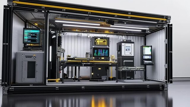 A modular manufacturing unit featuring interchangeable parts that allow for rapid reconfiguration with illuminated panels indicating machine status and production readiness.