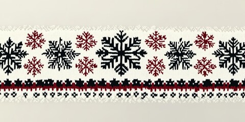 Decorative winter-themed textile featuring snowflakes and patterns in red, black, and white colors for festive decor