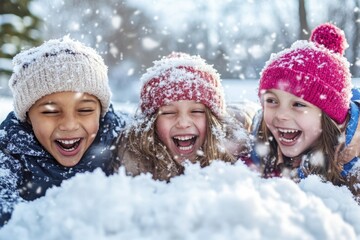 Happy children laughing in snowy winter wonderland