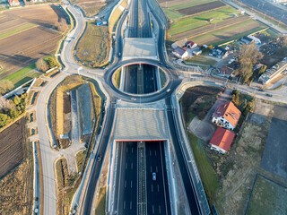 Krakow, Poland.  Batowice highway junction with traffic circle on S52 highway, part of motorway...