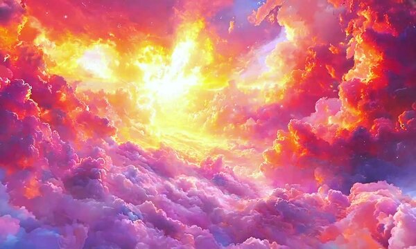 Vivid pink, orange, and golden clouds illuminated by radiant sunlight, creating a dramatic and ethereal sky. Perfect for fantasy, nature, and inspirational visuals, ideal for creative storytelling pro