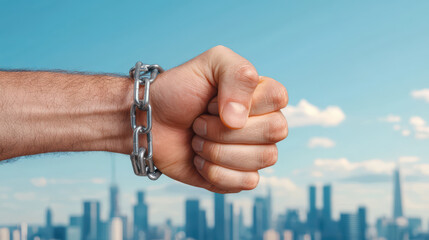 close up of clenched fist with chain shackled around wrist, symbolizing restraint and struggle against oppression in urban setting