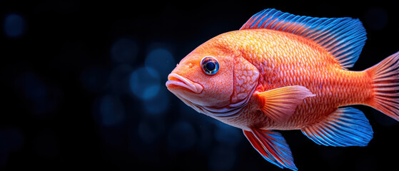 close up of vibrant orange fish swimming gracefully in aquarium, showcasing its colorful fins and lively expression