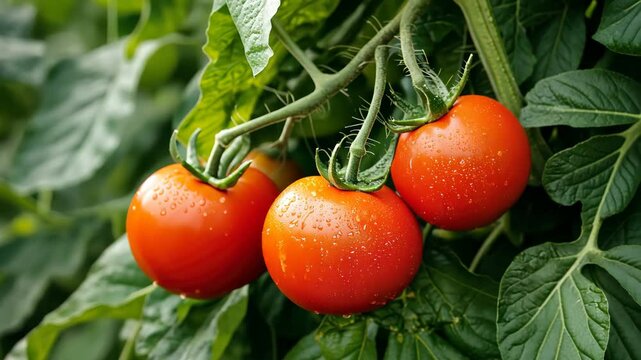 Fresh Red Tomatoes on Vine Garden Vegetable with Glistening Droplets