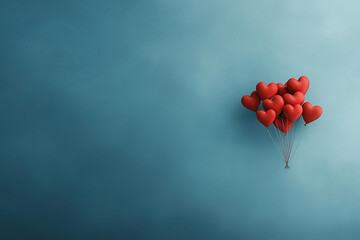 Minimalist blue background with heart-shaped balloons. Copy space available on the left side. Ideal for love theme greeting cards.