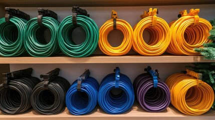Colorful Coiled Hoses in a Retail Display for Gardening Tools