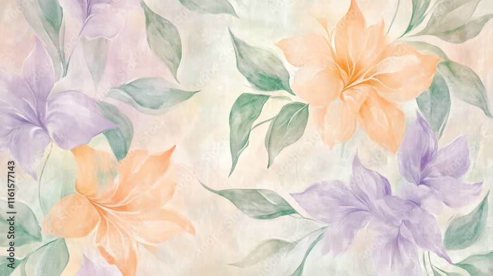 Poster delicate floral pattern featuring soft pastel flowers and gentle leaves in a serene design for elega