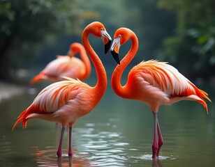Fototapeta premium Flamingos gather in a tranquil pond, their orange feathers reflecting in water. They interact playfully, creating a stunning display of nature. Flamingo Phoenicopterus is genus of birds. Generative AI