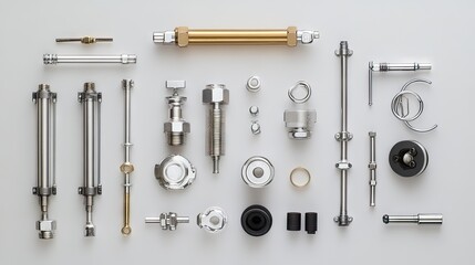 Fototapeta premium Assorted Metal Components and Fasteners on White Background