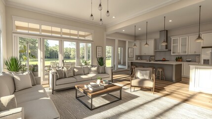 Fototapeta premium Sunlit living room with open plan kitchen, featuring large windows, comfortable sofas, and wooden coffee table.