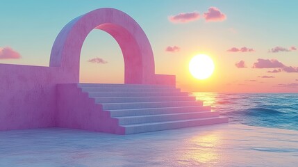 Serene Sunrise Over Ocean Steps with Archway in Pink Tones Creating a Dreamy Atmosphere for Artistic Backgrounds and Visual Inspirations