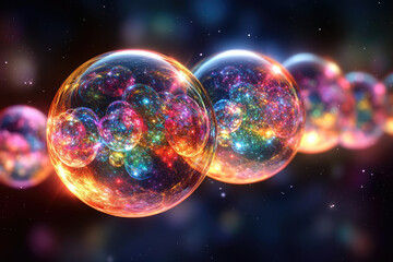 A mesmerizing chain of vibrant, sparkling orbs, each containing miniature galaxies, floats in the cosmos.