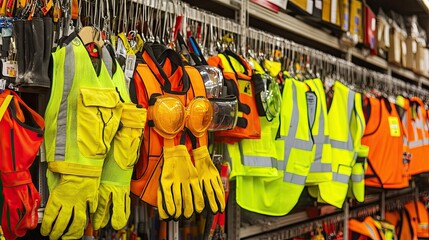 Fototapeta premium Safety Gear Display in Industrial Supply Store with Bright Colors