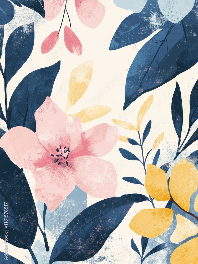 Poster retro risograph inspired botanical print featuring colorful flowers and leaves in soft hues and deep