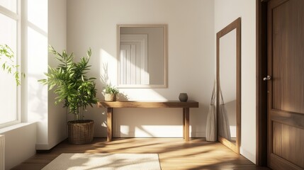 Fototapeta premium Sunlit minimalist hallway with wooden console table, plants, mirror, and rug.