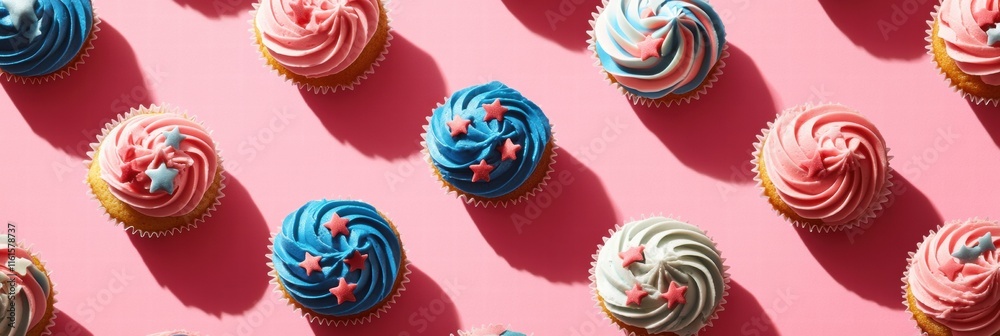 Poster cupcakes decorated with american flags arranged in a festive pattern on a pink backdrop for a nation