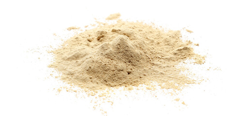 Yellow, golden maca organic powder pile isolated on white, side view
