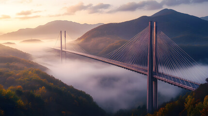 Obraz premium un puente colgante entre las montañas cubierto de neblina de nubes al amanecer belleza en la naturaleza un dia frio y hermoso