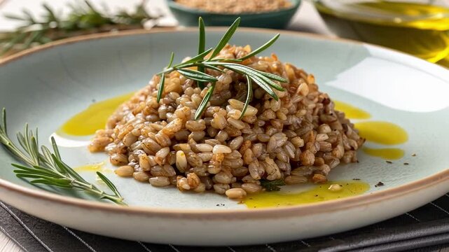 A small portion of cooked farro its chewy grains slightly glistening served with a drizzle of olive oil and a sprig of fresh rosemary showcasing its hearty texture.