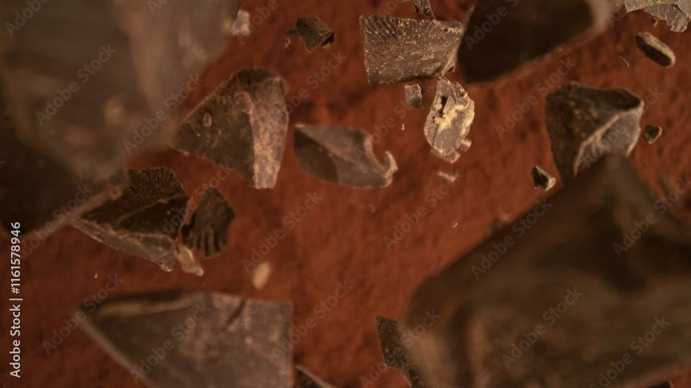 Poster super slow motion of falling group of chocolate pieces. falling down into cocoa powder. filmed on hi