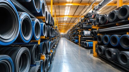Fototapeta premium Industrial Warehouse Interior with Rolled Materials and Storage Racks