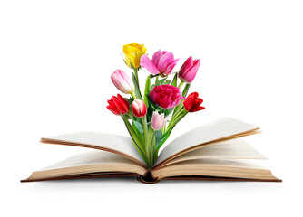 Open book with beautiful flowers between pages on white background