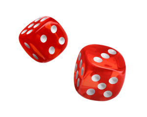 Two red dice in air on white background