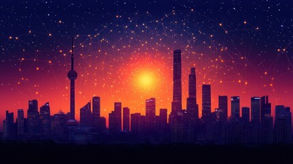 Cityscape at sunset with network connections.