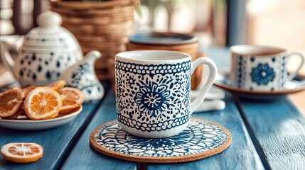 Fototapeta premium Handcrafted Blue Patterned Mug on Rustic Table with Citrus Slice