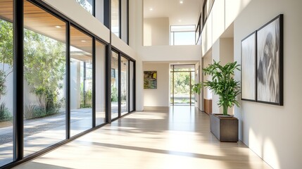 Obraz premium Sunlit modern hallway with large windows, hardwood floors, and potted plant.