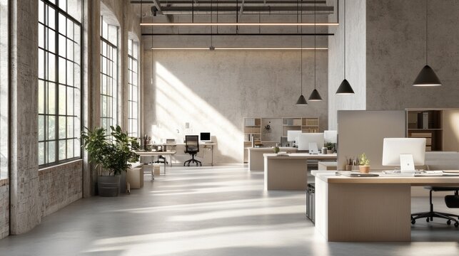 Sunlit modern industrial office space with desks, computers, and plants.
