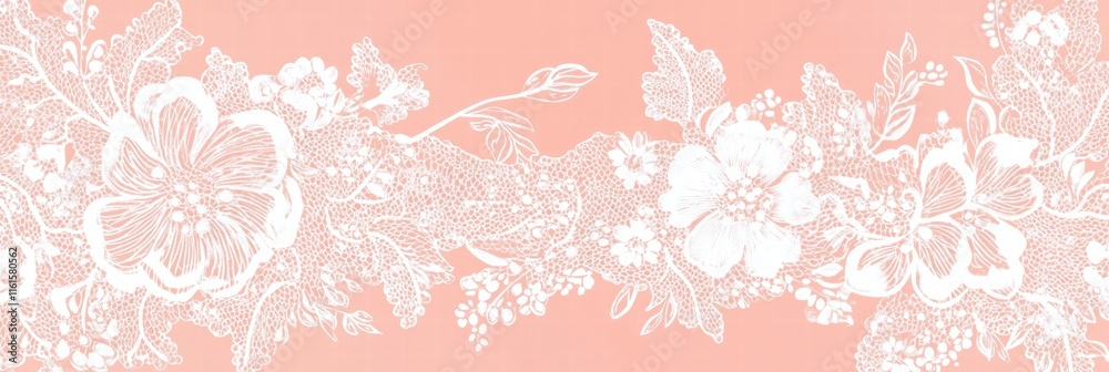 Poster lace inspired seamless pattern featuring intricate floral designs on a soft coral background. genera
