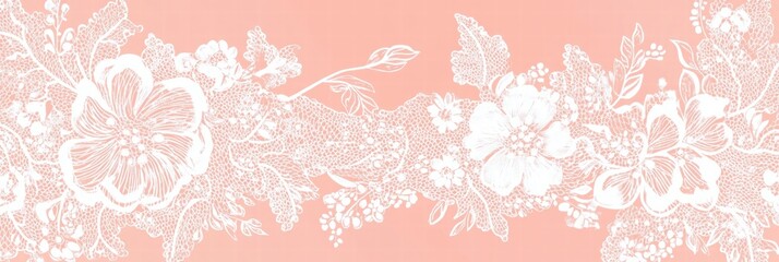 Lace inspired seamless pattern featuring intricate floral designs on a soft coral background. Generative AI